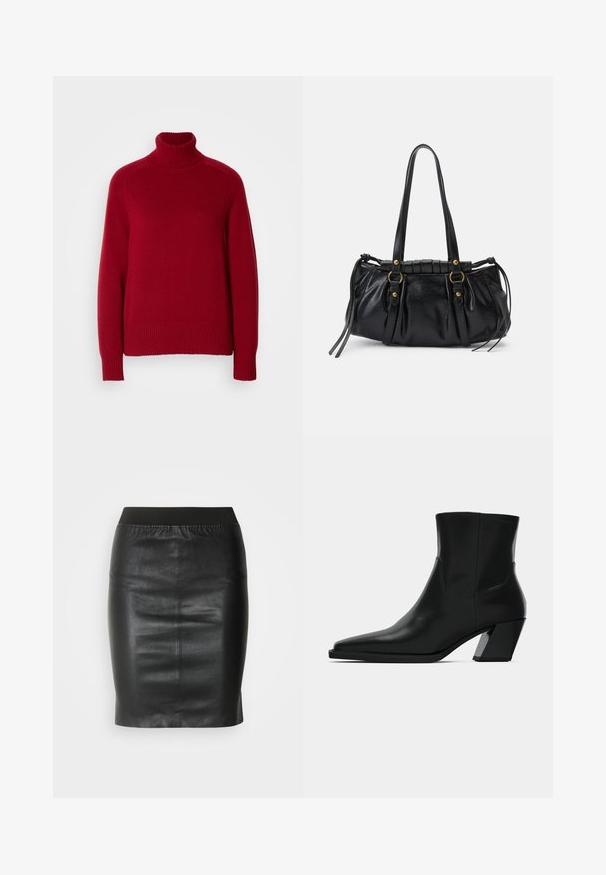 Pull à col roulé rouge avec des bords côtelés aux poignets et à l'ourlet, fabriqué en maille douce, présentant une coupe décontractée et des coutures distinctes.; Jupe crayon noire en cuir lisse, dotée d'une taille élastique pour une silhouette ajustée et un design minimaliste.; Bottine en cuir noir avec un bout pointu, une silhouette élégante et un talon carré massif. Texture lisse avec des détails de couture minimalistes.; Sac à main en cuir noir avec une forme arrondie, deux poignées, des accents en matériel décoratif et des détails de liens sur les côtés. Texture lisse et brillante.