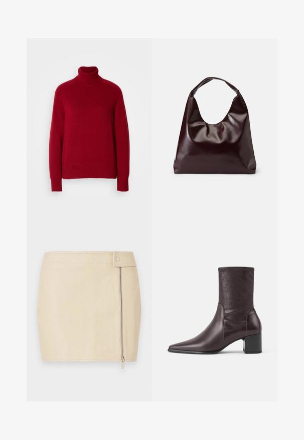 Rød rullekrave sweater med ribbede manchetter og kant, lavet af et blødt strikkemateriale, med en afslappet pasform og tydelige sømlinjer.; Beige lædernederdel i minilængde med tætsiddende design, udstyret med lynlås og knaplukning i siden. Glat tekstur med syningsdetaljer.; Mørkebrun læderstøvle til midt på læggen med spids tå og blokhæl, glat finish og sømdetaljer langs siderne.; Bordeaux, skinnende vegansk læder tote taske med en blød, skulpturel form og et bredt, buet håndtag for nem bæring.