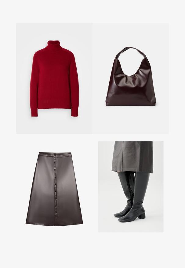 Roter Rollkragenpullover mit gerippten Bündchen und Saum, aus einem weichen Strickmaterial hergestellt, mit einem lässigen Schnitt und deutlichen Nahtlinien.; Brauner Kunstleder-A-Linie-Rock mit glatter Textur, der einen vorderen Knopfverschluss und einen Saum aufweist, der über das Knie fällt.; Kniehohe schwarze Lederstiefel mit quadratischer Zehenpartie, schrägem Blockabsatz und seitlichem Reißverschluss; glatte Textur und körperbetontes Design.; Burgunderfarbene, glänzende tote Bag aus veganem Leder mit einer weichen, skulpturalen Form und einem breiten, geschwungenen Henkel für einfaches Tragen.