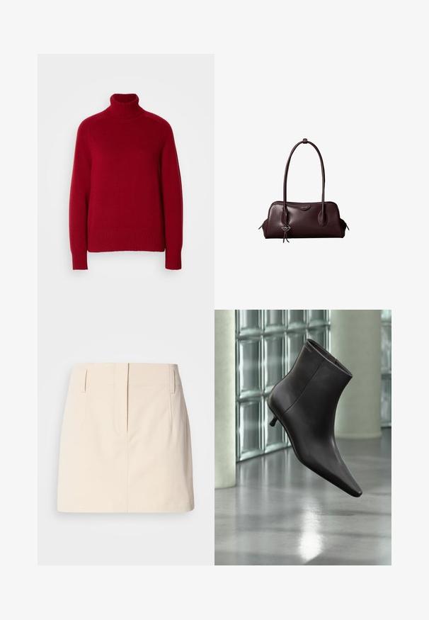 Rød rullekrave sweater med ribbede manchetter og kant, lavet af et blødt strikkemateriale, med en afslappet pasform og tydelige sømlinjer.; Calvin Klein Jeans SKIRT - A-snit nederdel - fog; Sort læderankelstøvle med spids tå og lille hæl vist mod en væg af glasblokke og poleret gulv baggrund.; Mørkebrun lædertaske fra Calvin Klein med lange dobbelte håndtag og en lille logohængende ved det ene håndtag.