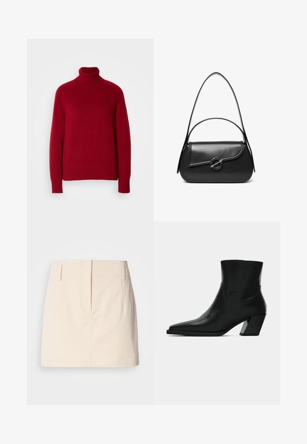 Punane kõrge kaelusega kampsun ribadega mansettide ja alumise serva, valminud pehmest kudumaterjalist, omades mugavat lõiget ja silmapaistvaid õmblusi.; Calvin Klein Jeans SKIRT - A-lõikeline seelik - fog; Must must jalatsid mustast nahast, terava ninaga, stiilne siluett ja jäme ruudukujuline konts. Sile tekstuur, millel on minimaalsed õmblemise detailid.; Must nahast õlakott kõverda kaanega, mida hoiab kinni ümmargune metallist klamber ja millel on õhuke, reguleeritav rihm.
