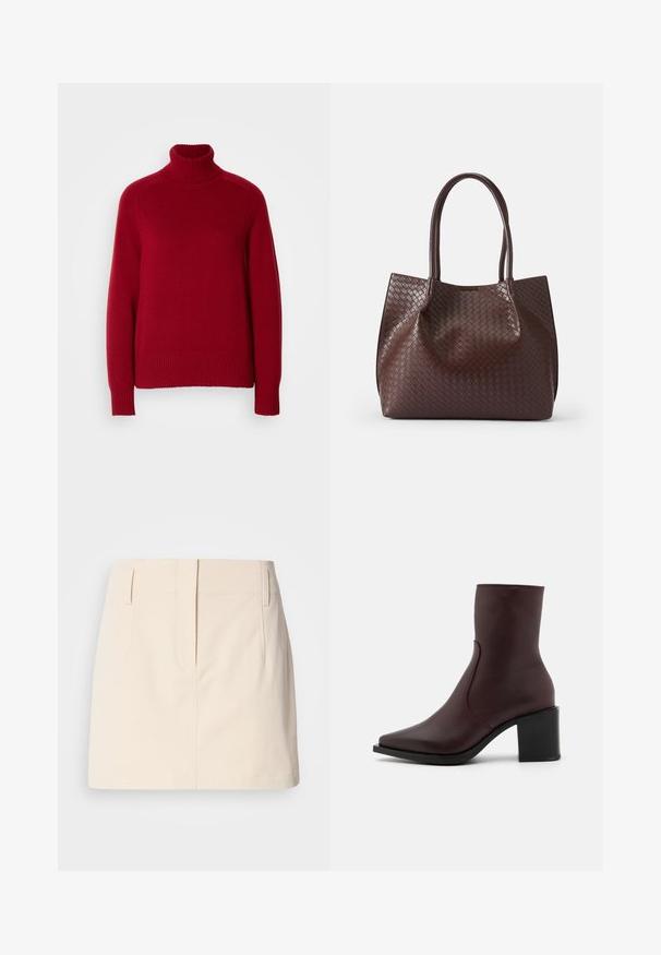 Punane kõrge kaelusega kampsun ribadega mansettide ja alumise serva, valminud pehmest kudumaterjalist, omades mugavat lõiget ja silmapaistvaid õmblusi.; Calvin Klein Jeans SKIRT - A-lõikeline seelik - fog; Zign LEATHER - Klassikalised poolsaapad - bordeaux; Pruun punutud nahast käekott kahe käepidemega, millel on tekstuuriga pind ja avatud ülemine disain. Minimalistlik kuju, millel ei ole täiendavat riistvara.