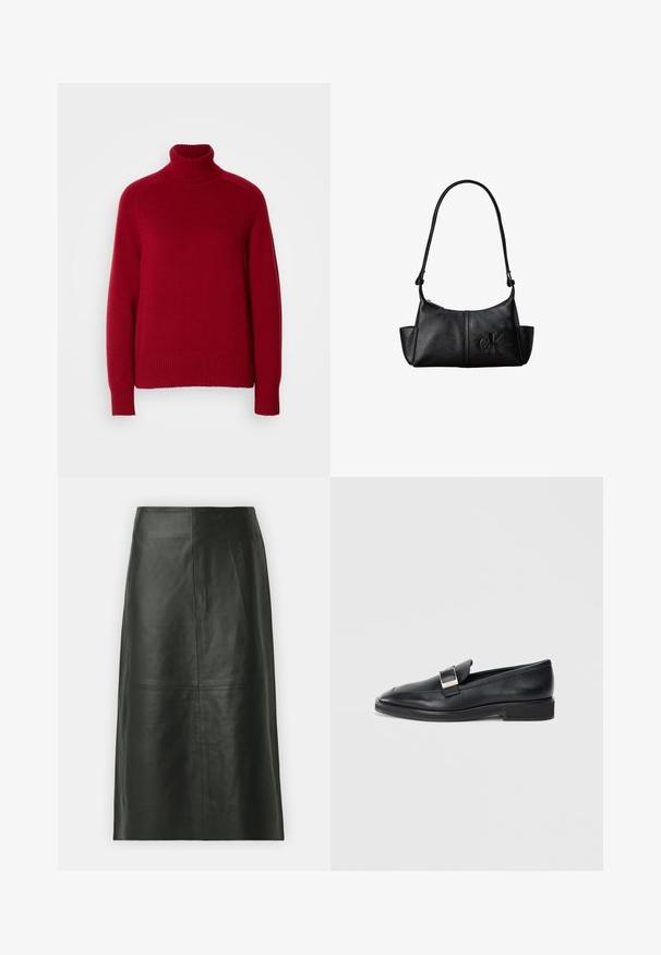 Pull à col roulé rouge avec des bords côtelés aux poignets et à l'ourlet, fabriqué en maille douce, présentant une coupe décontractée et des coutures distinctes.; Jupe midi en cuir noir avec une coupe droite. Texture lisse, coutures minimales et taille ajustée. Pas de poches visibles ni de détails supplémentaires.; Mocassin en cuir noir avec une boucle rectangulaire en argent sur le dessus et un petit talon, sur fond blanc.; Sac à bandoulière en cuir noir avec une longue sangle, des poches latérales et le logo Calvin Klein embossé sur le devant.
