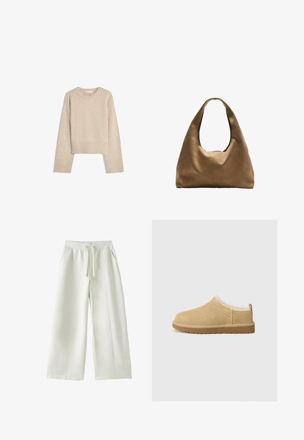 Pull en beige court en tricot doux. Présente un col rond, des manches longues et des bords-côtes aux poignets et à l'ourlet pour une texture supplémentaire.; Pantalon blanc à jambes larges avec taille élastique, cordon de serrage à l'avant, poches latérales, et détails de coutures visibles sur un fond uni.; Chaussure en daim à enfiler de couleur beige clair, dotée d'une douce doublure en fourrure et d'une semelle en caoutchouc texturé avec un léger talon et une sangle à l'arrière pour un enfilage facile.; Sac à épaule en tissu marron avec un corps large et arrondi et une grande poignée découpée. Texture douce, design minimaliste et aucun matériel visible.