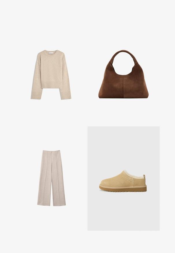 Pull en beige court en tricot doux. Présente un col rond, des manches longues et des bords-côtes aux poignets et à l'ourlet pour une texture supplémentaire.; Pantalons larges beiges en tissu doux, avec des plis avant marqués et une taille haute cintrée, sans poches visibles.; Chaussure en daim à enfiler de couleur beige clair, dotée d'une douce doublure en fourrure et d'une semelle en caoutchouc texturé avec un léger talon et une sangle à l'arrière pour un enfilage facile.; Sac à main en daim marron avec une poignée arrondie et une forme légèrement trapezoïdale, présentant une couture centrale visible sur un fond blanc.