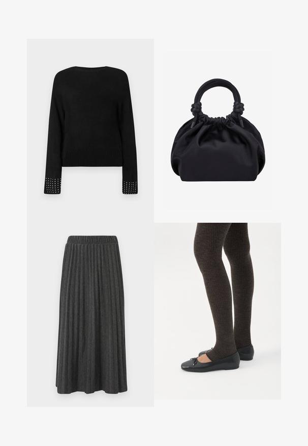 Pull en maille noir à manches longues, avec des clous en argent sur les poignets et un ourlet côtelé. Encolure ronde, texture douce et coupe décontractée.; Jupe midi plissée grise avec taille élastique, présentant des plis verticaux et une texture lisse, adaptée à diverses occasions.; Jambes portant des leggings côtelés foncés associés à des ballerines noires avec de petits détails en nœud sur fond blanc.; Sac à main en tissu noir doux avec haut froncé et poignées circulaires rembourrées nouées de chaque côté.