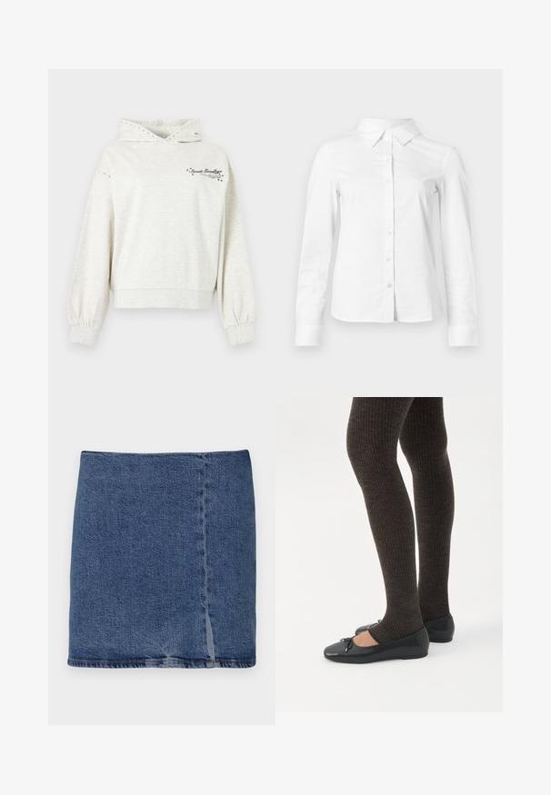 Sweat à capuche gris clair avec œillets métalliques sur la capuche et les manches, portant le texte « Sweet Goodbye » et des accents d'étoiles sur la poitrine.; Chemise blanche à manches longues avec boutons, col pointu, ourlet droit et silhouette ajustée, présentée sur un fond clair uni.; Good American Jupe en jean - indigo; Jambes portant des leggings côtelés foncés associés à des ballerines noires avec de petits détails en nœud sur fond blanc.