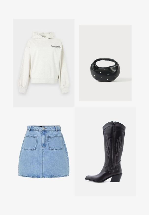 Sweat à capuche gris clair avec œillets métalliques sur la capuche et les manches, portant le texte « Sweet Goodbye » et des accents d'étoiles sur la poitrine.; Mini-jupe en denim bleu clair avec taille haute, fermeture à boutons sur le devant et deux poches arrière. Présente des coutures contrastées et une coupe droite.; Bottes de cow-boy en cuir noir avec bout pointu, coutures apparentes, ornements à clous argentés et fermeture éclair sur le côté intérieur.; Sac à main en cuir noir de forme arrondie, décoré de clous argentés et équipé d'une poignée courte. Texture lisse et fermeture éclair.