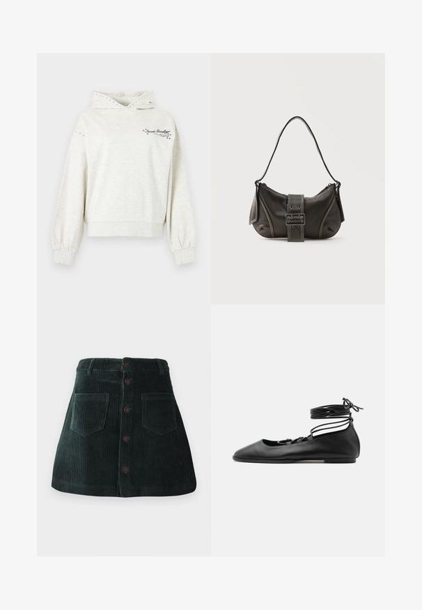 Sweat à capuche gris clair avec œillets métalliques sur la capuche et les manches, portant le texte « Sweet Goodbye » et des accents d'étoiles sur la poitrine.; Jupe en velours côtelé vert foncé avec des boutons sur le devant, deux grandes poches avant et des passants de ceinture, présentée sur fond blanc.; Chaussure de ballet plate en cuir noir avec un bout pointu, plusieurs fines brides sur le dessus et des lacets enroulés autour de la cheville.; Sac à épaule en cuir noir avec une sangle à boucle, des bords arrondis et des coutures blanches contrastées sur un fond uni.