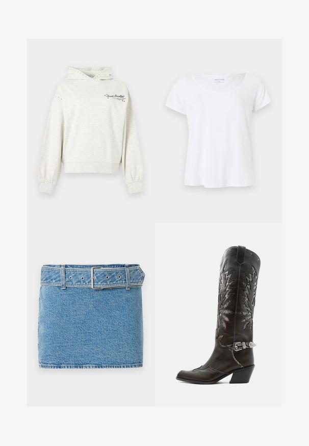 Sweat à capuche gris clair avec œillets métalliques sur la capuche et les manches, portant le texte « Sweet Goodbye » et des accents d'étoiles sur la poitrine.; T-shirt blanc à manches courtes avec col dégagé, taille petite, design simple, présenté sur un fond gris clair.; Abercrombie & Fitch CLASSIC BELTED SCARLETTE MINI SKORT - Jupe en jean - blue denim; Botte de cowboy en cuir noir avec découpes décoratives, boucle argentée et talon incliné, présentée sur fond blanc.