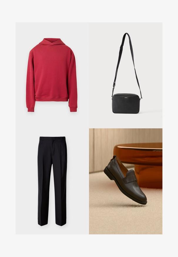 Sweat à capuche en coton rouge avec une coupe décontractée, doté d'une poche kangourou, de poignets côtelés et d'un logo minimaliste « BOSS » sur la poitrine. Design épuré.; Pantalon noir ajusté à coupe droite, avec un devant plissé et des poches latérales. Confectionné dans un tissu lisse et léger à motif uni.; Mocassin en cuir marron foncé avec un petit talon flottant au-dessus d'un tapis beige, à côté d'une table brillante, arrondie et de couleur ambre.; Sac bandoulière rectangulaire noir avec sangle réglable et logo BOSS sur le devant, sur un fond clair uni.