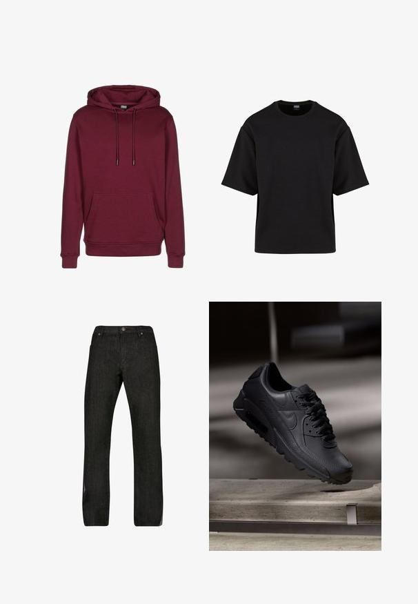 Burgundin värinen huppari, jossa on etutasku, nyörit ja ribattu hihansuu. Valmistettu pehmeästä kankaasta, jolla on sileä rakenne.; Urban Classics SCUBA TEE - T-paita - black; Mustat farkut suoran lahkeen muotoilulla, viisi taskua ja metallinappikiinnitys. Kangas on kevyesti teksturoitu ja siinä on minimaalista haalistumista.; Mustat Nike Air Max -lenkkarit, joissa on teksturoidusta nahasta valmistettu päällinen, kumipohja ja näyttävä nauhoitusjärjestelmä, joka korostaa tyylikästä ja modernia muotoilua.