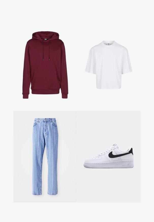 Burgunderfarbener Kapuzenpullover mit einer vorderen Tasche, Kordelzügen und gerippten Bündchen. Hergestellt aus weichem Stoff mit glatter Textur.; Weißes Kurzarm-T-Shirt mit Rundhalsausschnitt und lockerer Passform, gefertigt aus einem glatten Baumwollmischgewebe. Keine Muster oder Verzierungen.; Helle blaue Jeans mit vertikalen weißen Streifen, gerade geschnitten, im Five-Pocket-Stil und mit einem Knopfverschluss an der Taille.; Weißes Leder-Sneaker mit einem strukturierten schwarzen Swoosh, flachen Schnürsenkeln und einer Gummisohle mit genoppetem Muster. "AIR" ist auf der Ferse eingeprägt.
