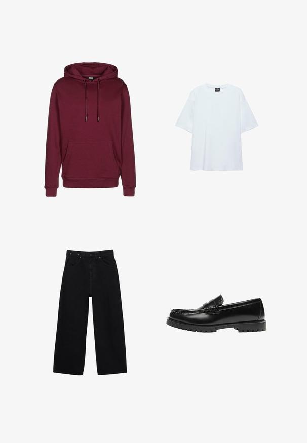 Burgunderfarbener Kapuzenpullover mit einer vorderen Tasche, Kordelzügen und gerippten Bündchen. Hergestellt aus weichem Stoff mit glatter Textur.; Schlichtes, weißes, übergroßes T-Shirt mit kurzen Ärmeln, rundem Ausschnitt und einem schwarzen Etikett innen am Kragen vor weißem Hintergrund.; Schwarze Jeans mit weitem Bein, vorne mit Knöpfen, Reißverschluss, Gürtelschlaufen und klassischem Five-Pocket-Design.; Schwarzer Leder-Slipper mit dicker Gummisohle und klassischem Penny-Detail an der Riemen, von der Außenseite gezeigt.