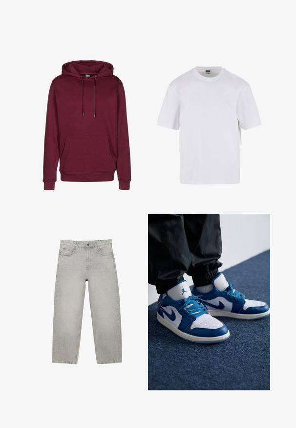 Bordeaux hoodie met een voorzak, trekkoorden en geribbelde manchetten. Gemaakt van zachte stof met een gladde textuur.; Witte kraagloze t-shirt met korte mouwen, gemaakt van katoen. Heeft een ronde halslijn en een losse pasvorm. Soepele textuur, minimalistisch ontwerp, geen patronen of accenten.; Lichtgrijze denim jeans met een hoge taille, rechte pijpen, knoopsluiting aan de voorkant en vijf zakken, plat gelegd op een witte achtergrond.; Nike Air Jordan sneakers hebben een witte leren basis met blauwe synthetische accenten, een geperforeerde neusdoos en blauwe veters.
