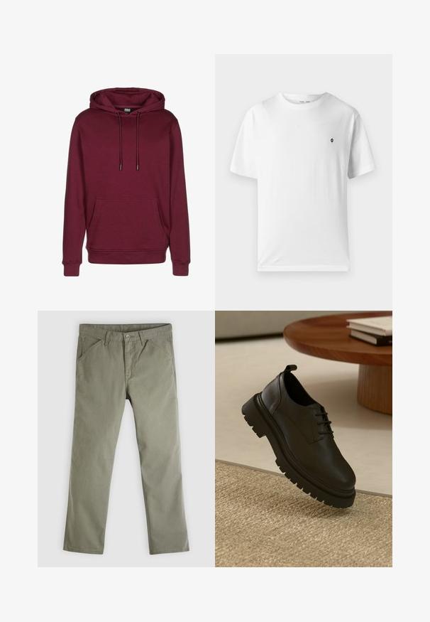 Burgunderfarbener Kapuzenpullover mit einer vorderen Tasche, Kordelzügen und gerippten Bündchen. Hergestellt aus weichem Stoff mit glatter Textur.; Weißes Baumwoll-T-Shirt mit rundem Halsausschnitt, kurzen Ärmeln und einem kleinen schwarzen Logo auf der Brust. Weicher Stoff, lässige Passform.; Herrenhose in geradem Schnitt, olivgrün, leger, mit Taschen vorne und hinten, Knopfverschluss und Gürtelschlaufen.; Schwarzer Lederschuh mit strukturierten Oberflächen, runder Zehenpartie, Schnürdesign und einer stabilen schwarzen Gummisohle. Schwebt über einem gewebten Teppich.