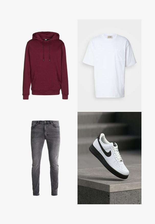 Sweatshirt à capuche bordeaux avec une poche avant, des cordons de serrage et des poignets côtelés. Fabriqué en tissu doux avec une texture lisse.; T-shirt blanc à manches courtes en coton. Comprend une poche sur la poitrine et un détail de couture subtil sur la poche. Encolure ronde.; Jeans en denim gris slim-fit avec une légère élasticité. Comprend cinq poches, une fermeture éclair et un bouton métallique contrastant. Texture délavée.; Baskets en cuir blanc avec accents noirs, bout arrondi et détails perforés. Semelle en caoutchouc noire avec motif texturé et fermeture à lacets.