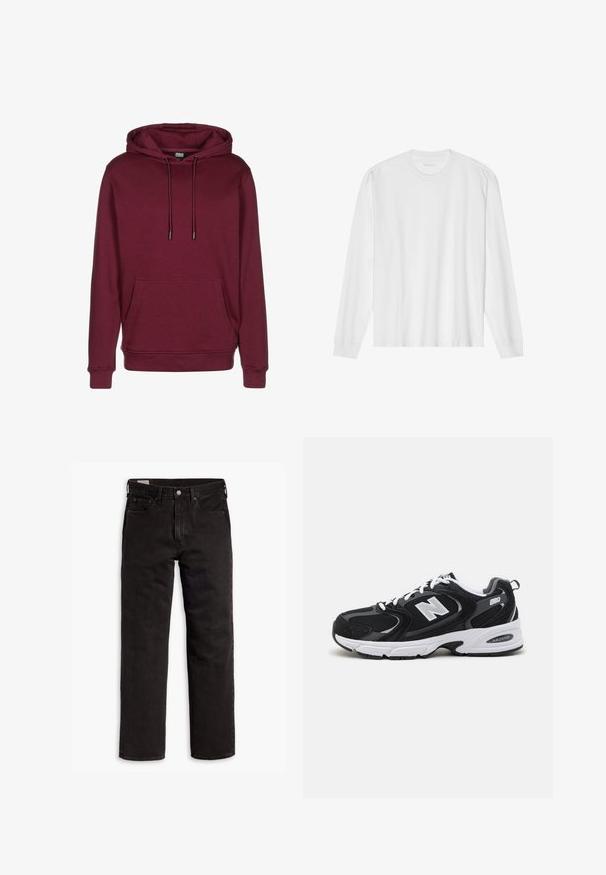Bordeaux hoodie met een voorzak, trekkoorden en geribbelde manchetten. Gemaakt van zachte stof met een gladde textuur.; Wit, lang katoen T-shirt met lange mouwen en ronde hals, met geribde manchetten en een rechte zoom, een gladde textuur en een minimalistisch ontwerp.; Zwarte recht gesneden denim jeans met vijf zakken, knoopsluiting en riemlussen, plat gelegd op een witte achtergrond.; Zwarte en grijze sport schoenen met een bovenwerk van mesh en suede, voorzien van een witte tussenzool, veters en een gedurfde "N"-logo aan de zijkant.