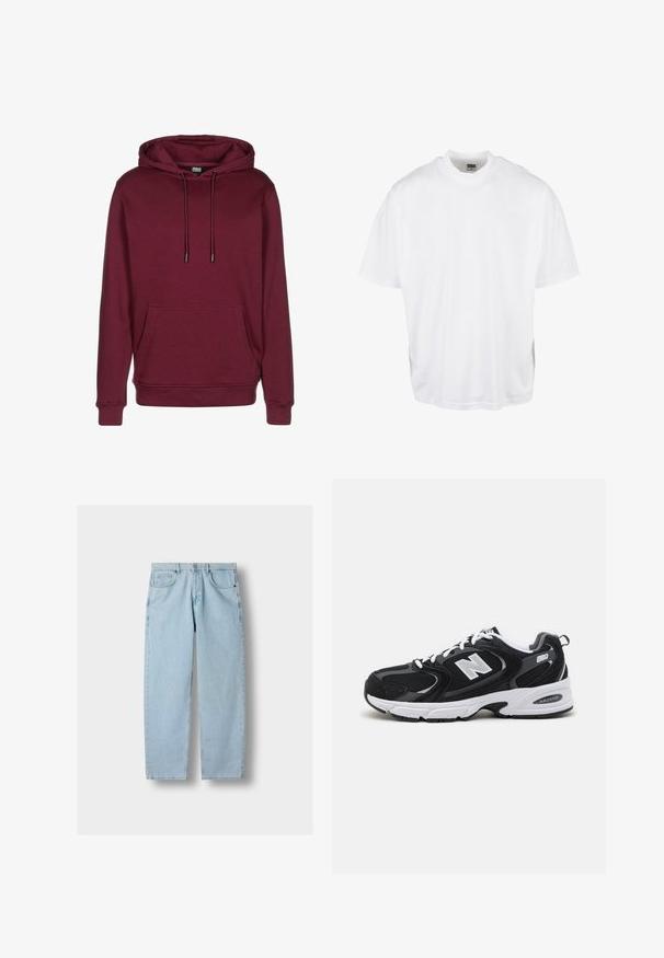 Burgunderfarbener Kapuzenpullover mit einer vorderen Tasche, Kordelzügen und gerippten Bündchen. Hergestellt aus weichem Stoff mit glatter Textur.; Weißes Baumwoll-T-Shirt mit lockerer Passform, kurzen Ärmeln und rundem Halsausschnitt, mit geradem Saum und ohne sichtbare Grafiken oder Muster.; Hellblaue gerade geschnittene Denim-Jeans mit Vordertaschen, Gürtelschlaufen und Knopfverschluss auf grauem Hintergrund.; Schwarze und graue Sportschuhe mit Obermaterial aus Mesh und Wildleder, ausgestattet mit einer weißen Zwischensohle, Schnürsenkeln und einem markanten "N"-Logo an der Seite.