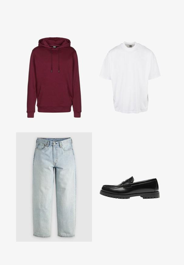 Bordeaux hoodie met een voorzak, trekkoorden en geribbelde manchetten. Gemaakt van zachte stof met een gladde textuur.; Witte katoenen t-shirt met een relaxte pasvorm, korte mouwen en een ronde halslijn, met een rechte zoom en geen zichtbare grafische afbeeldingen of patronen.; Lichtblauwe denim jeans met een rechtBeen, vijf zakken en een knoopsluiting; heeft vervaagde gebieden en subtiele stikdetails.; Zwarte leren loafer met een dikke rubberen zool en klassieke penny-strap details, gezien vanaf de buitenkant.