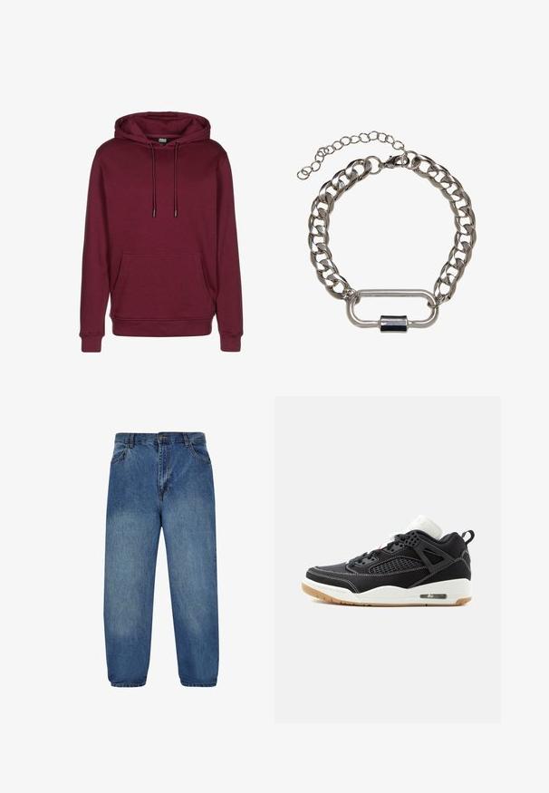 Burgunderfarbener Kapuzenpullover mit einer vorderen Tasche, Kordelzügen und gerippten Bündchen. Hergestellt aus weichem Stoff mit glatter Textur.; Hellblaues Denim-Jeans mit lockerer Passform, ausgestattet mit einem Knopfverschluss, Fünf-Taschen-Design und leicht ausgewaschenem Stoff.; Schwarz-weißer High-Top-Sneaker mit weißen Nähten, Belüftungsnetz, Gummisohle und sichtbarem Luftpolster an der Fersenseite.; Silbernes Metallarmband mit einem großen Kettenmuster, das einen zentralen länglichen Karabinerhakenverschluss und eine verstellbare Kettenverlängerung aufweist.