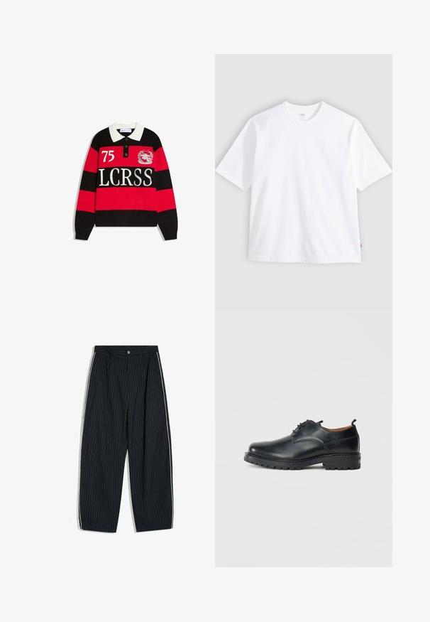 Polo à manches longues à rayures horizontales noires et rouges, col blanc, numéro "75", emblème de blason et texte "LCRSS" sur le devant.; T-shirt blanc à manches courtes en coton, doté d'un col rond et d'une coupe droite. Étiquette visible sur l'ourlet latéral inférieur.; Pantalon large à fines rayures noires avec bandes blanches sur les côtés et fermeture par bouton à la taille.; Chaussures derby en cuir noir avec une texture lisse, bout rond, design à lacets et une semelle en caoutchouc épaisse et robuste.