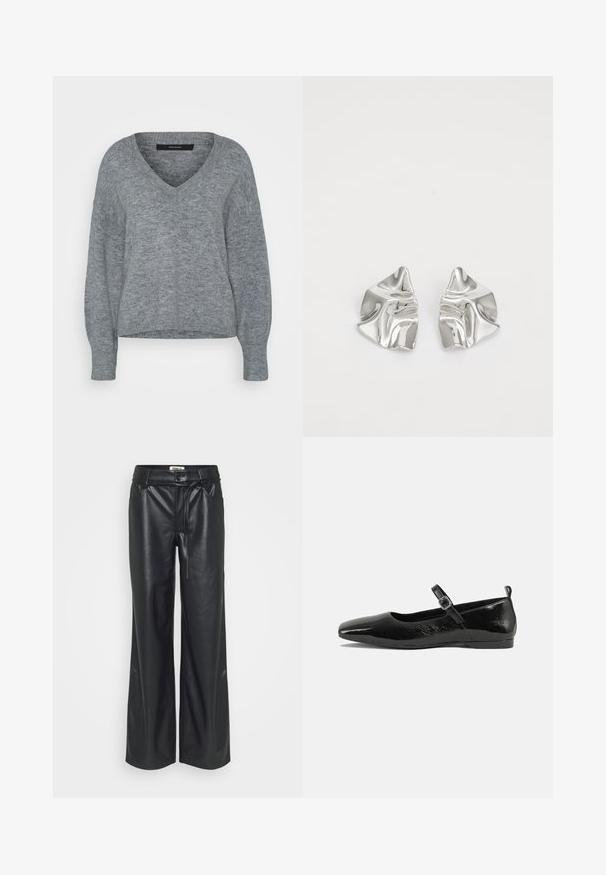 Vero Moda Tall VMJUPITER V NECK PULLOVER - Pullover - medium grey melange; Pantalons larges en simili cuir noir à taille haute, avec un détail de nœud à la taille et des poches de chaque côté. Texture lisse.; Chaussure plate en cuir verni noir avec un bout pointu, une sangle de cheville avec boucles, et une texture lisse et brillante. Talon bas pour le confort.; Boucles d'oreilles en métal argenté avec un design ondulé et sculptural, présentant une finition polie et des formes irrégulières, mettant en valeur une esthétique contemporaine.