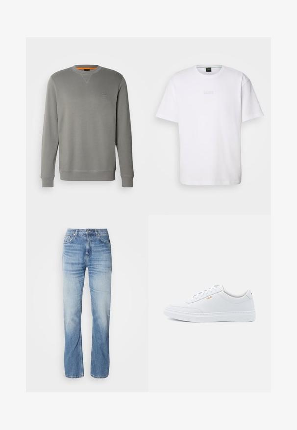 BOSS WESTART - Sweater - open grey sixteen; Witte katoenen T-shirt met korte mouwen, ronde halslijn en reliëf 'BOSS' logo op de borst. Veilig textuur, standaard pasvorm.; Lichtblauwe denim jeans met een recht gesneden pijp, vervaagde afwerking, vijf zakken en een knoopsluiting. Klassiek ontwerp en gemiddelde dikte.; Witte leren sneakers met een gladde textuur, ronde neus en tonale stiksels. Voorzien van blauwe veters en een gouden logo op de zijkant.