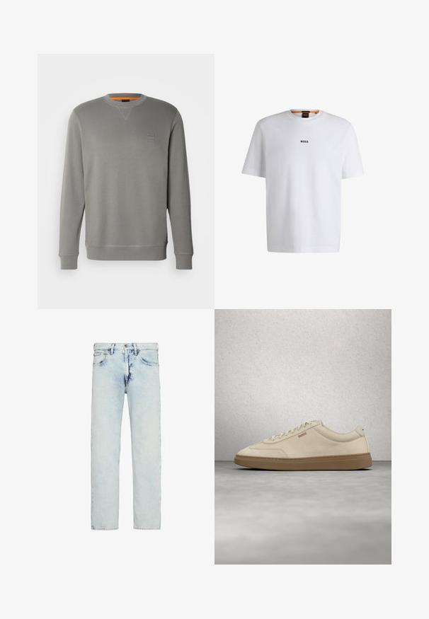 BOSS WESTART - Sudadera - open grey sixteen; Camiseta de algodón blanca de manga corta, con un logotipo negro "BOSS" centrado en el pecho y un diseño de cuello redondo.; Vaqueros de tiro alto en azul claro con corte recto, sutiles deslavados y cierre delantero con botón y cremallera.; Zapatilla de ante beige claro con suela de goma color caramelo, cordones prominentes y detalles de costura sutiles. Diseño limpio con una estética minimalista.