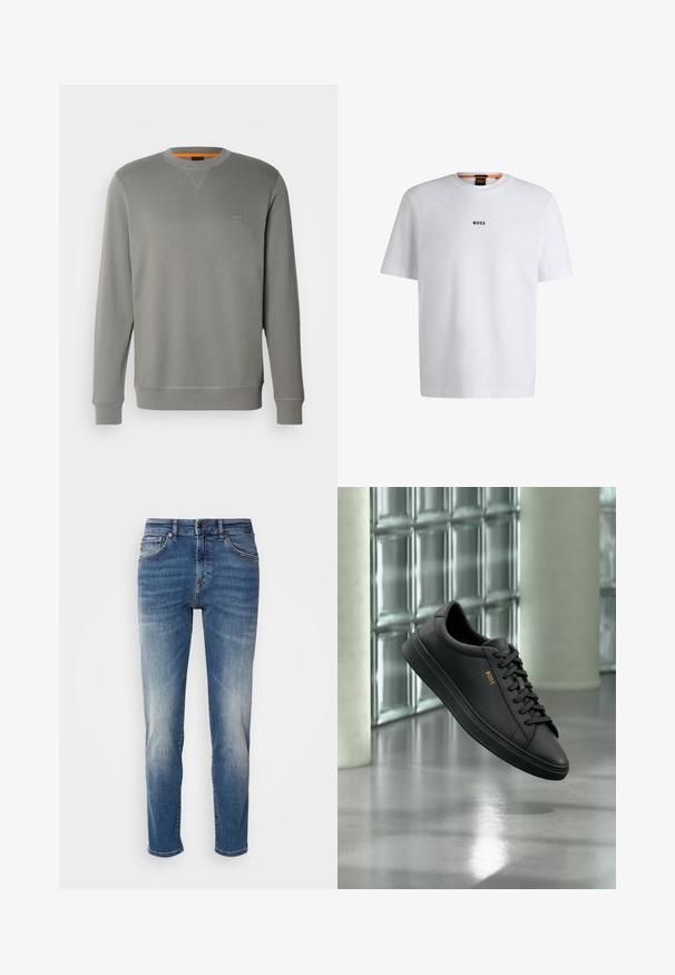 BOSS WESTART - Sweater - open grey sixteen; Witte katoenen T-shirt met korte mouwen, voorzien van een zwart "BOSS"-logo in het midden van de borst en een ronde halsontwerp.; Blauwe denim jeans met een recht model, lichte vervaging, klassieke vijf-pocketstijl en een ritssluiting met knoopsluiting.; Zwarte lage leren sneaker met zwarte veters en gouden BOSS-logo aan de zijkant, zwevend boven glanzende grijze vloer in een moderne binnenruimte.