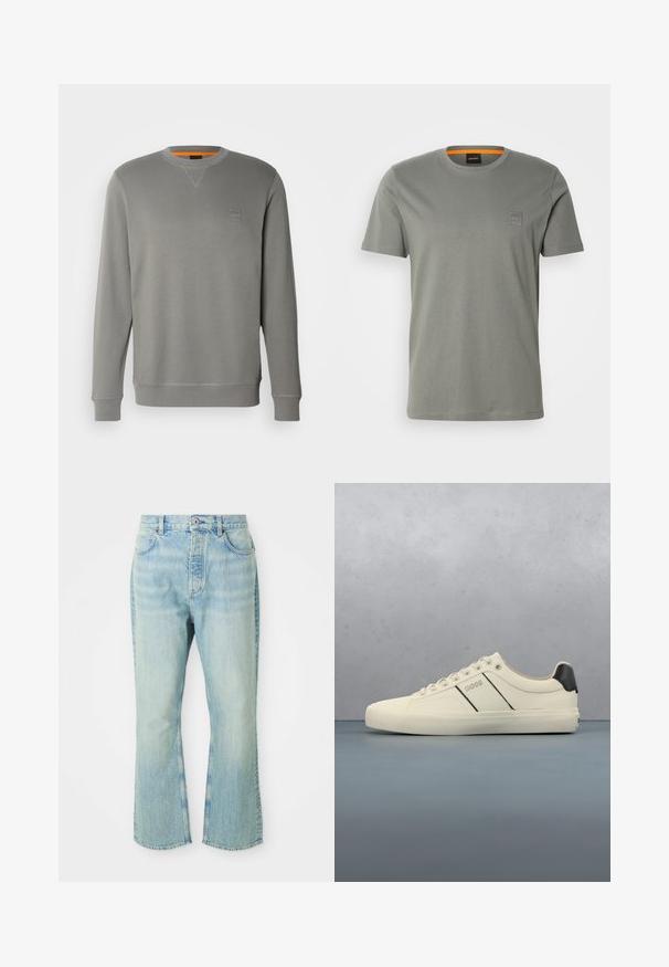 BOSS WESTART - Sudadera - open grey sixteen; Camiseta de algodón gris con mangas cortas y cuello redondo. Presenta un pequeño parche con un logo cuadrado en el lado izquierdo del pecho en un color a juego.; Jeans de mezclilla de color azul claro, acampanados y de cintura alta, con cinco bolsillos, trabillas para el cinturón y un acabado desgastado.; Zapatillas de color crema con una textura suave, que presentan acentos y marcas en negro. Diseño clásico de cordones con punta redonda y suela de goma.