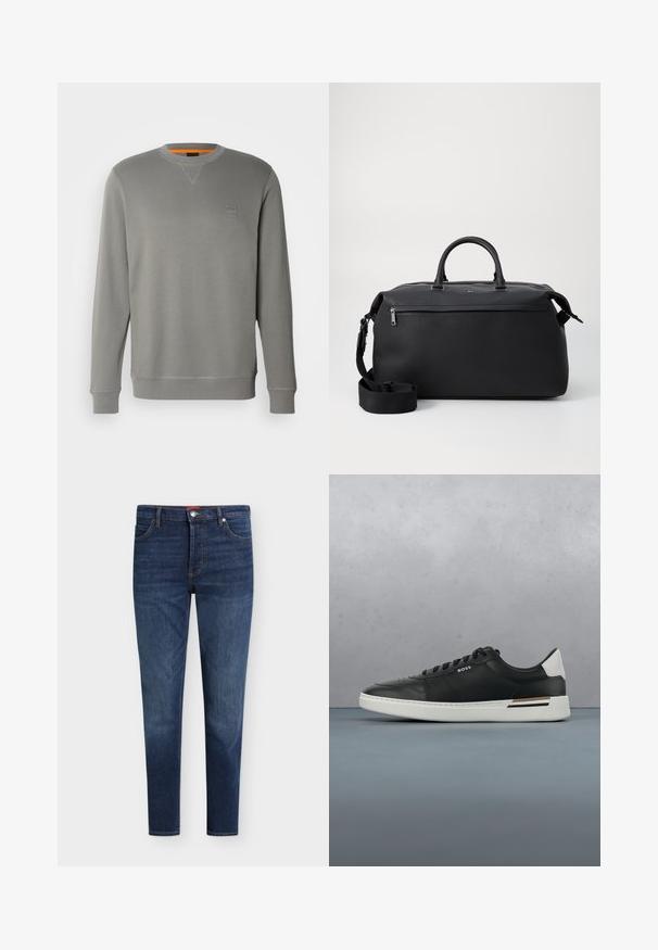 BOSS WESTART - Sweater - open grey sixteen; Donkerblauwe slim-fit jeans met voorzakken, riemlussen, knoopsluiting en subtiel vervagen op dijen en knieën.; Zwarte leren sneaker met witte zool, voorzien van perforaties, vetersluiting, logo aan de zijkant en contrasterend hieldetail in wit en bruin.; Zwarte leren reistas met twee bovenhandvaten, een afneembare schouderband en een ritsvak aan de voorkant voor extra opbergruimte.