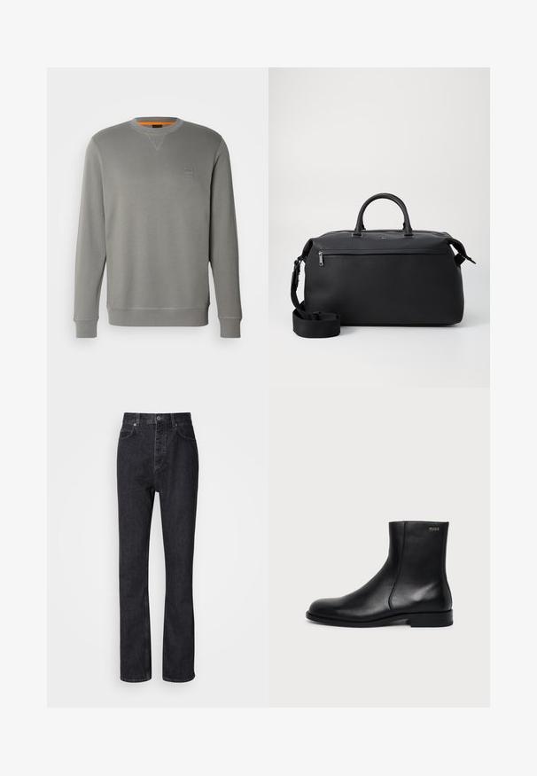 BOSS WESTART - Sudadera - open grey sixteen; Jeans de mezclilla negros de cintura alta con cierre de botón y cremallera, bolsillos frontales y traseros, y corte recto.; Botín negro de cuero con tacón bajo, costura lateral y pequeño logo "HUGO" en el puño superior sobre un fondo liso.; Bolsa de viaje de cuero negro con dos asas superiores, una correa de hombro desmontable y un bolsillo frontal con cremallera para almacenamiento adicional.