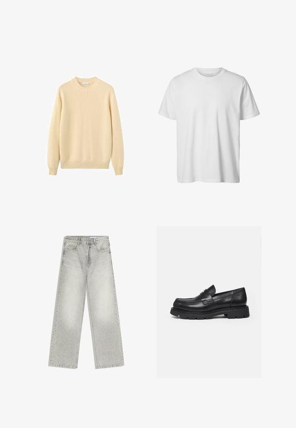 Pull crème à col rond en maille douce. Caractéristiques : poignets et ourlet côtelés, texture lisse et design simple et minimaliste.; T-shirt blanc uni à manches courtes, col rond, coupe décontractée, sans logos ni motifs visibles à l'avant.; Jean droit gris clair à jambes larges avec une finition délavée. Comprend cinq poches et des passants pour ceinture. Fabriqué en coton solide et texturé.; Mocassin en cuir noir avec semelle épaisse crantée et détail de bride penny, présenté en profil droit sur fond blanc.