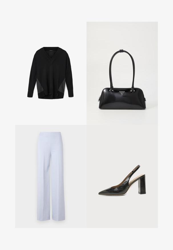 Pulover negro de cuello en V y manga larga con puños y dobladillo acanalados, que presenta paneles laterales de aspecto satinado y un corte relajado, ligeramente más corto por delante que por detrás.; Pantalones de pierna ancha en azul claro, confeccionados en un tejido suave, con una cintura alta y pliegues delanteros para mayor estructura.; Zapato slingback de piel negra con puntera puntiaguda, tacón alto y ancho, y forro interior beige sobre un fondo claro y liso.; Bolso de mano negro brillante con una silueta curva, dos asas y una placa de logo en la parte frontal. Cierre de cremallera y acentos de hardware brillante.