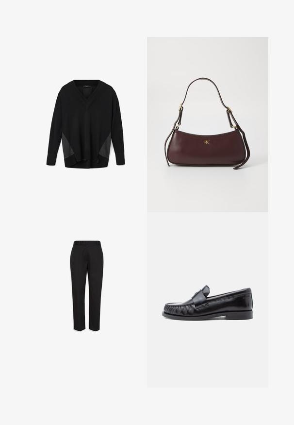 Schwarzer V-Ausschnitt Pullover mit langen Ärmeln, gerippten Bündchen und Saum, mit satinähnlichen Seitenpaneelen und einem entspannten, leicht asymmetrischen Schnitt.; Schwarze maßgeschneiderte Anzughose mit Gürtelschlaufen, geraden Beinen und gepressten Bügelfalten, vor weißem Hintergrund dargestellt.; Schwarze Leder-Loafer mit abgerundetem Zehenbereich, markanter Naht und einem dekorativen Riemen über dem Vorderblatt. Glatte Oberfläche und niedriger Absatz.; Burgunderfarbene Lederhandtasche mit einer geschwungenen Silhouette, ausgestattet mit einem goldenen Logo und einem einzelnen verstellbaren Tragegurt. Glatte Textur, minimale Nähte.