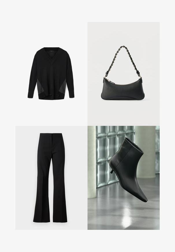 Pulover negro de cuello en V y manga larga con puños y dobladillo acanalados, que presenta paneles laterales de aspecto satinado y un corte relajado, ligeramente más corto por delante que por detrás.; Pantalones de campana negros hechos de una tela suave, con cintura alta, pliegues delanteros y un acabado limpio en los bajos.; Botín negro de cuero con punta puntiaguda y tacón bajo estilo kitten, mostrado en ángulo sobre un suelo pulido y con una pared de bloques de vidrio de fondo.; Bolso de hombro de cuero negro con forma rectangular curvada, cadena dorada entrelazada en una correa negra trenzada y cierre superior con cremallera.