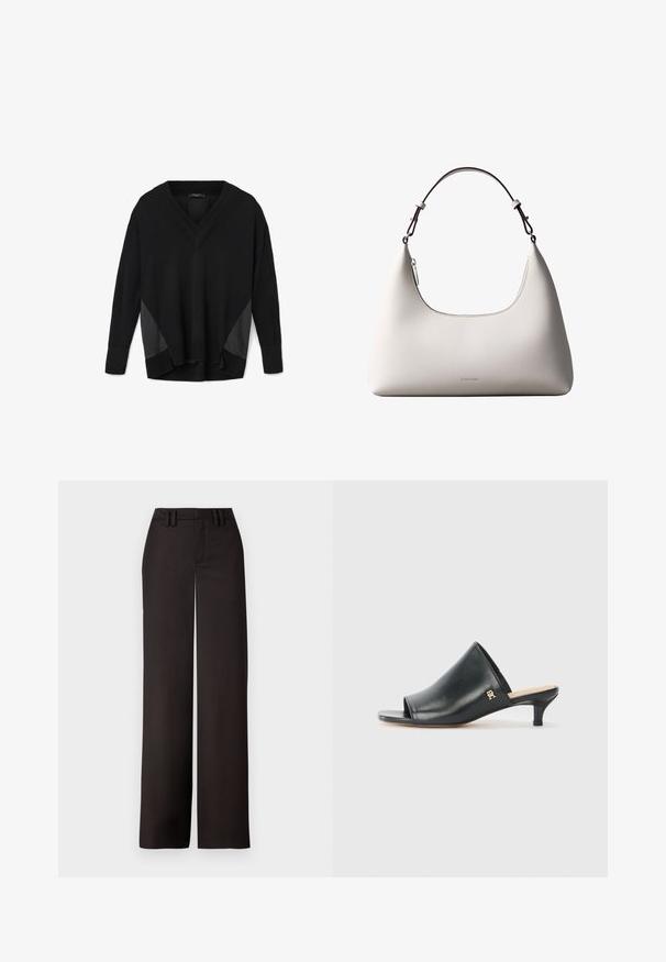Pulover negro de cuello en V y manga larga con puños y dobladillo acanalados, que presenta paneles laterales de aspecto satinado y un corte relajado, ligeramente más corto por delante que por detrás.; Pantalones anchos negros con una parte delantera plana, presillas para cinturón y una textura suave, diseñados para un ajuste entallado. Sin hardware ni patrones visibles.; Mules de cuero negro de punta abierta con un tacón bajo. Presentan una superficie lisa y un acento del logo dorado en el costado.; Bolso de hombro de cuero color crema de Calvin Klein con borde superior curvado, cremallera plateada y correa ajustable marrón oscuro.