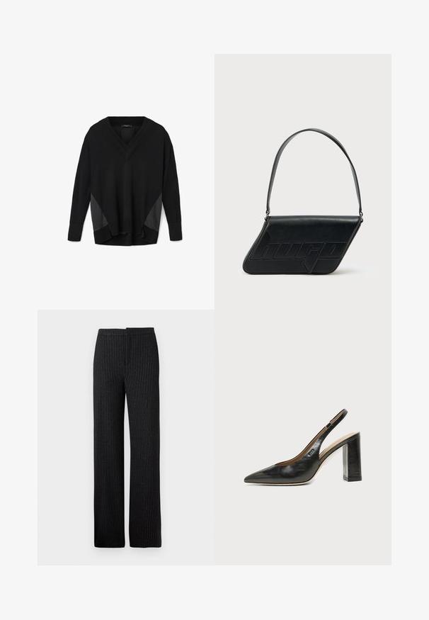 Pulover negro de cuello en V y manga larga con puños y dobladillo acanalados, que presenta paneles laterales de aspecto satinado y un corte relajado, ligeramente más corto por delante que por detrás.; Pantalones negros a rayas con corte recto, que presentan una textura suave y una cinturilla, aptos para vestimenta formal o de negocios.; Zapato slingback de piel negra con puntera puntiaguda, tacón alto y ancho, y forro interior beige sobre un fondo claro y liso.; Bolso de hombro de cuero negro con forma triangular, logo en relieve y una sola correa ajustable. Diseño minimalista con textura suave.