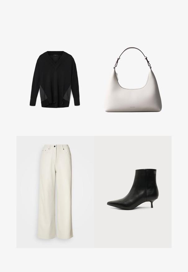 Zwarte V-hals lange mouwen pullover met geribbelde manchetten en zoom, voorzien van satijnachtige zijpanelen en een relaxte, licht verhoogde pasvorm.; Crème wijde benen broek van gladde stof. Heeft een mid-rise taille, ritssluiting en twee voorzakken met zwarte hardware accenten.; Zwart leren enkellaars met puntige neus en lage kittenhak op lichte achtergrond, zijaanzicht buitenkant.; Romige Calvin Klein leren schoudertas met gebogen bovenrand, zilveren rits en donkerbruine verstelbare riem.
