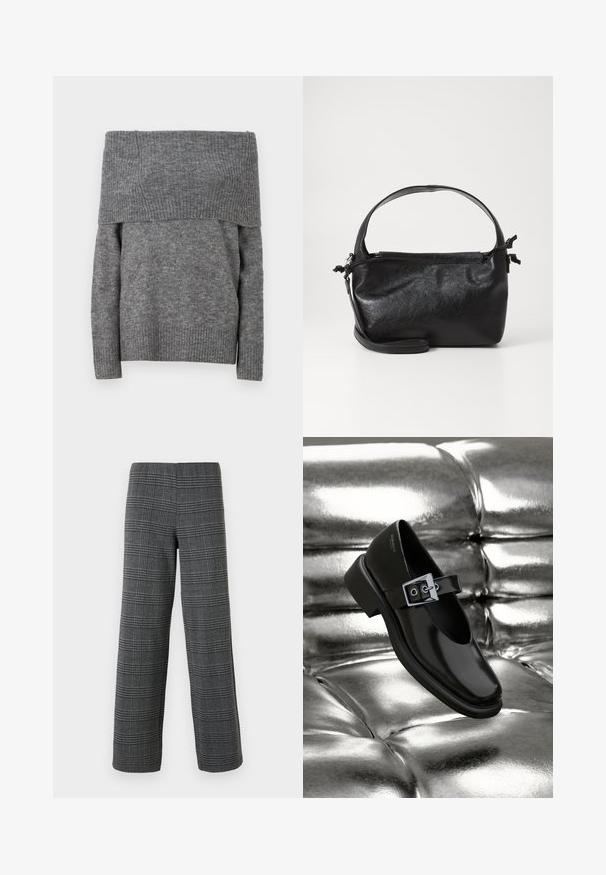 Pull gris dénudé sur les épaules avec une texture côtelée et un design uni. Présente des manches longues et un col large côtelé pour ajouter du détail.; Vero Moda VMBERLIN WIDE PANT - Pantalon classique - dark grey/black; Chaussure Mary Jane en cuir noir avec un bout carré, un accent de boucle en argent et un talon bas épais, sur un fond argenté brillant.; Sac à main en cuir noir au design structuré, avec une poignée arrondie et une bandoulière amovible. Présente une texture lisse et un éclat subtil.