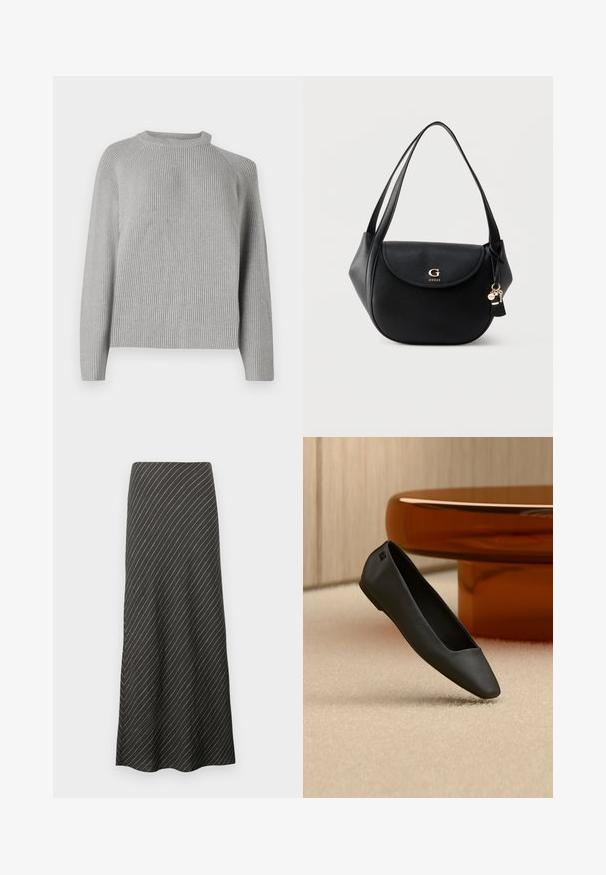 Copenhagen Muse COLIN PULLOVER - Πουλόβερ - light grey; Μαύρη midi φούστα με διαγώνιες λευκές ρίγες, φτιαγμένη από ένα απαλό ύφασμα. Διαθέτει φαρδιά σχεδίαση και σιλουέτα Α.; Μαύρο, μυτερό, φλατ παπούτσι ακουμπάει σε μπεζ χαλί κοντά σε στρογγυλό τραπέζι κεχριμπαρένιου χρώματος σε έναν μινιμαλιστικό χώρο.; Μαύρη δερμάτινη τσάντα ώμου με καμπυλωτό καπάκι, χρυσό λογότυπο "G GUESS", διπλούς ιμάντες και κρεμαστά μπρελόκ πάνω σε μονόχρωμο φόντο.