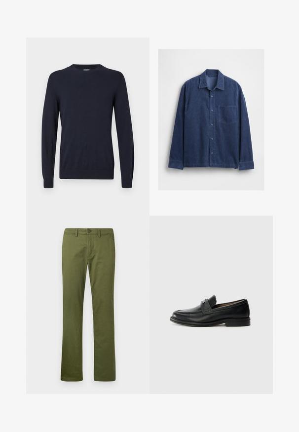 Pull en maille bleu marine avec col rond, manches longues et poignets côtelés. Texture lisse et conception légère pour le confort.; Chemise en velours côtelé bleu marine avec col, manches longues et une poche avant. Fermeture à boutons et tissu texturé.; Pantalons droits vert olive en coton, dotés d'une fermeture à bouton, de passants de ceinture et de poches latérales ; texture lisse avec une finition mate.; Mocassins en cuir noir avec une finition lisse, dotés d'une bande supérieure texturée, d'un talon bas et de détails de couture minimalistes.