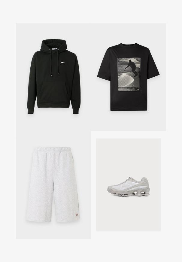 Schwarzer Kapuzenpullover mit einer vorderen Kängurutasche, verstellbarem Kordelzug an der Kapuze und einem kleinen weißen "OBEY"-Logo auf der Brust. Weicher Stoff.; Schwarzes kurzärmliges T-Shirt mit einem grafischen Druck, der eine silhouettierte Figur auf einer strukturierten weißen Fläche mit linearen Mustern zeigt.; Hellgraue knielange Shorts mit elastischem Bund und kleinem Markenlogo am unteren linken Bein.; Hellgrauer und weißer Sportschuh mit sichtbarer federartiger Dämpfung in der Sohle und einem Obermaterial aus Mesh-Gewebe.