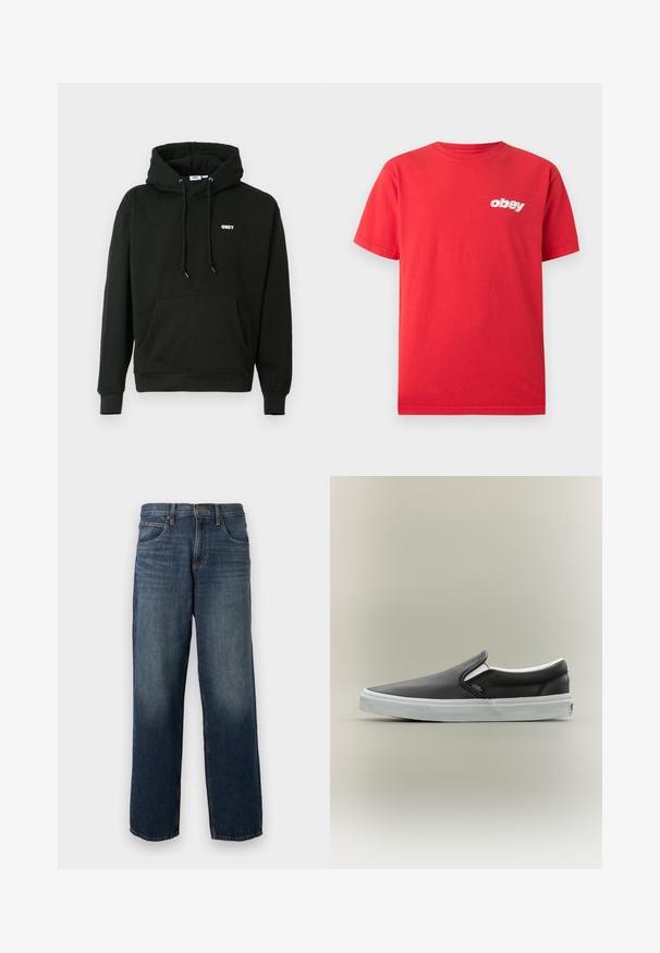 Schwarzer Kapuzenpullover mit einer vorderen Kängurutasche, verstellbarem Kordelzug an der Kapuze und einem kleinen weißen "OBEY"-Logo auf der Brust. Weicher Stoff.; Rotes T-Shirt mit Rundhalsausschnitt und kurzen Ärmeln mit kleinem weißen "obey" Schriftzug auf der linken Brust, vor einem hellgrauen Hintergrund.; Gerade geschnittene blaue Jeans aus Denim mit fünf Taschen und einer Knopf-Reißverschluss-Kombination, die dezente ausgebleichte Details an Oberschenkeln und Knien zeigen.; Schwarzer Vans Slip-On-Schuh mit weißer Gummisohle und kleinem Logofähnchen, im Profil auf neutralem Hintergrund dargestellt.