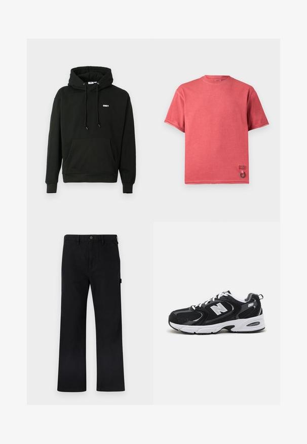 Zwart hoodie met een voorkraag zak, verstelbare trekkoord capuchon en een klein wit "OBEY" logo op de borst. Zachte stof.; Rood verkleurd T-shirt met korte mouwen, ronde hals, klein merkdetail en metalen ring bij de zoom.; Zwarte katoenen broek met rechte pijpen, knoopsluiting, riemlussen en zijzakken. Gladde textuur zonder zichtbare patronen of merklabels.; Zwarte en grijze sport schoenen met een bovenwerk van mesh en suede, voorzien van een witte tussenzool, veters en een gedurfde "N"-logo aan de zijkant.