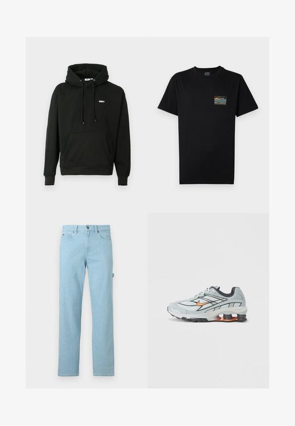 Zwart hoodie met een voorkraag zak, verstelbare trekkoord capuchon en een klein wit "OBEY" logo op de borst. Zachte stof.; Zwart T-shirt met korte mouwen, voorzien van een kleine meerkleurige afbeelding van een berg en oceaan, met de tekst "BILLABONG Adventure division" op de linkerborst.; Lichtblauwe spijkerbroeken met een rechte pijp, voorzien van een knoopsluiting aan de voorkant, twee zijzakken en minimale stikseldetails.; Lichtgrijze hardloopschoen met zwarte accenten, oranje logo, bovenwerk van mesh, gevoerde kraag en rubberen zool met zichtbare schokabsorberende elementen.