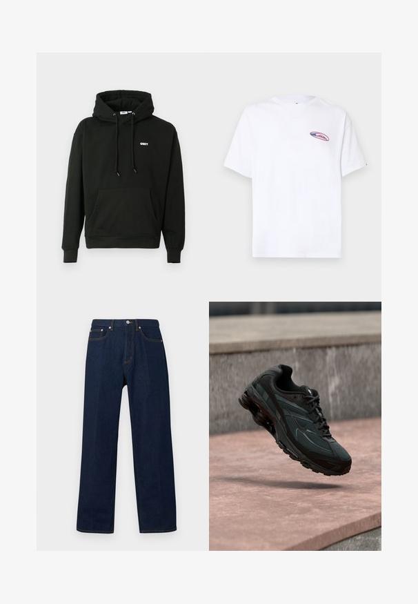 Musterniga must-hall hoodie, millel on ees kangaroo tasku, reguleeritav nööriga kapuuts ja väike valge "OBEY" logo rinnal. Pehme riie.; Valge lühikeste varrukatega T-särk, millel on vasakul rinnal väike ovaalse kujuga roosa ja sinine logo, taustal ühtlane hele taust.; Tumesinised sirge säärega teksad, millel ees nööp, lukk ja viis taskut, esitletud ühtlasel taustal.; Must sportlik toss nähtava õhkpadi keskmise tallaga, hõljudes roosa kivipinna kohal, mille taustal on hall kivimüür.