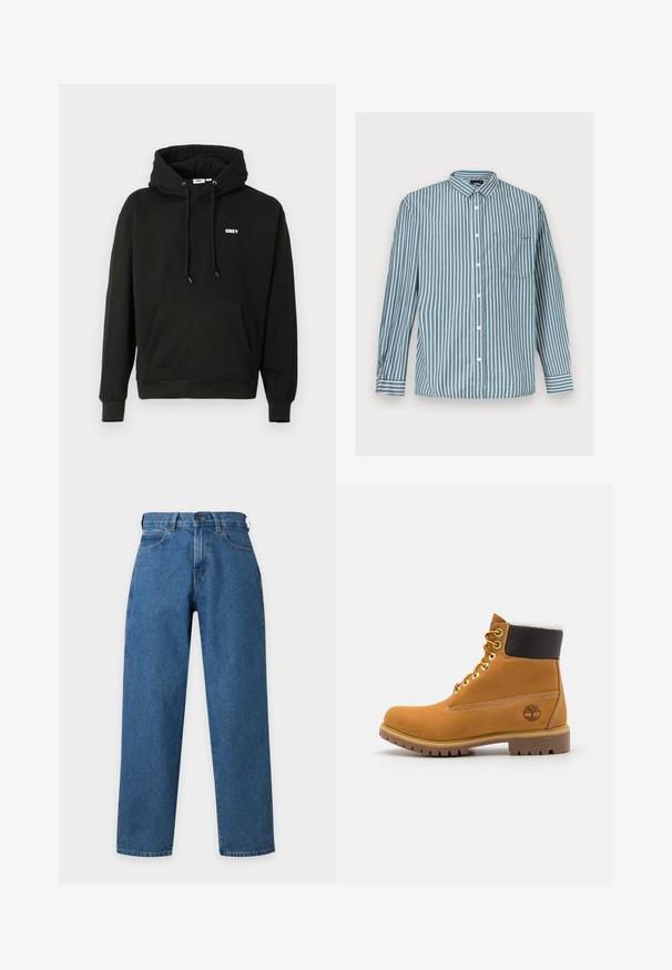Zwart hoodie met een voorkraag zak, verstelbare trekkoord capuchon en een klein wit "OBEY" logo op de borst. Zachte stof.; Heren overhemd met lange mouwen, knoopsluiting, verticale groene en witte strepen en een borstzak, plat gelegd op een lichte achtergrond.; Blauwe spijkerbroek met rechte pijpen, voorste knoop, rits, riemlussen en vijf zakken ontwerp, weergegeven op een witte achtergrond.; Bruine leren enkellaars met metalen oogjes, witte faux bont voering, zwarte gewatteerde kraag, robuuste zool en een reliëflogo aan de zijkant.