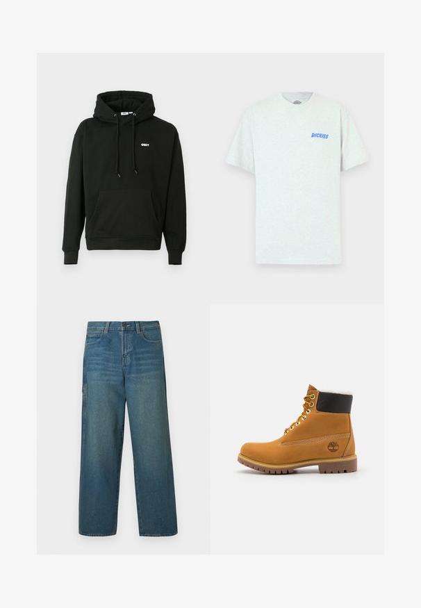Sudadera negra con capucha que presenta un bolsillo canguro frontal, capucha ajustable con cordón y un pequeño logo blanco de "OBEY" en el pecho. Tejido suave.; Camiseta gris de manga corta hecha de material mezcla de algodón, con texto azul "DICKIES" en el área del pecho izquierdo. Diseño clásico de cuello redondo.; Vaqueros de denim azul medio con un ajuste holgado, piernas rectas y un diseño clásico de cinco bolsillos. Incluyen trabillas para cinturón y cierre con botón.; Botín de cuero marrón con ojales de metal, forro de piel sintética blanca, cuello acolchado negro, suela resistente y logotipo en relieve en el costado.